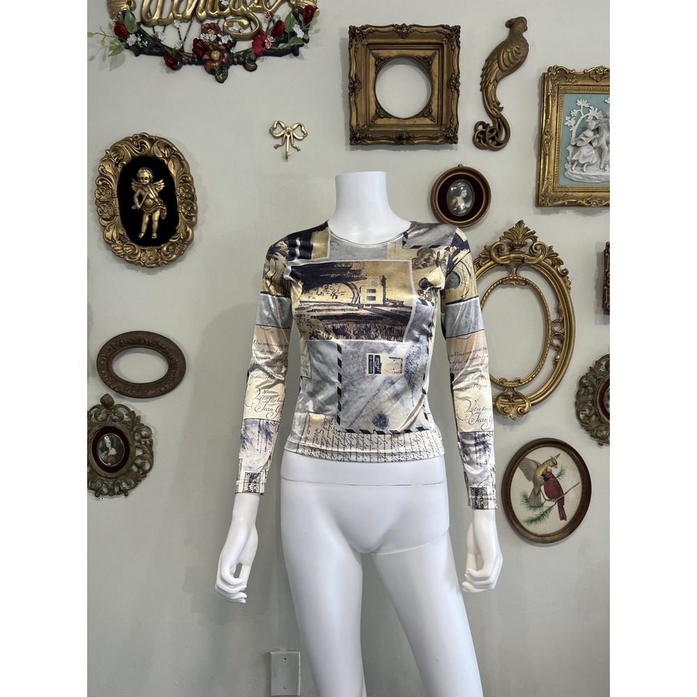 Vintage Cheryl Creations Postcard Newspaper Print Satin Long Sleeve Top Small